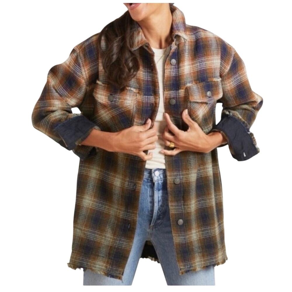 Free People Anneli Green and Navy Blue Plaid Shirt Jacket L